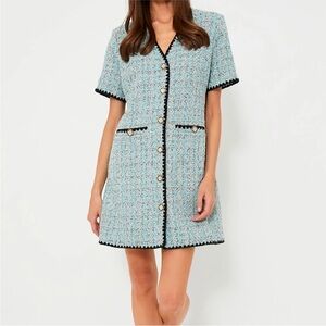 Pomander Place Light Blue Tweed Short Sleeve Button Front Dress with Black Trim